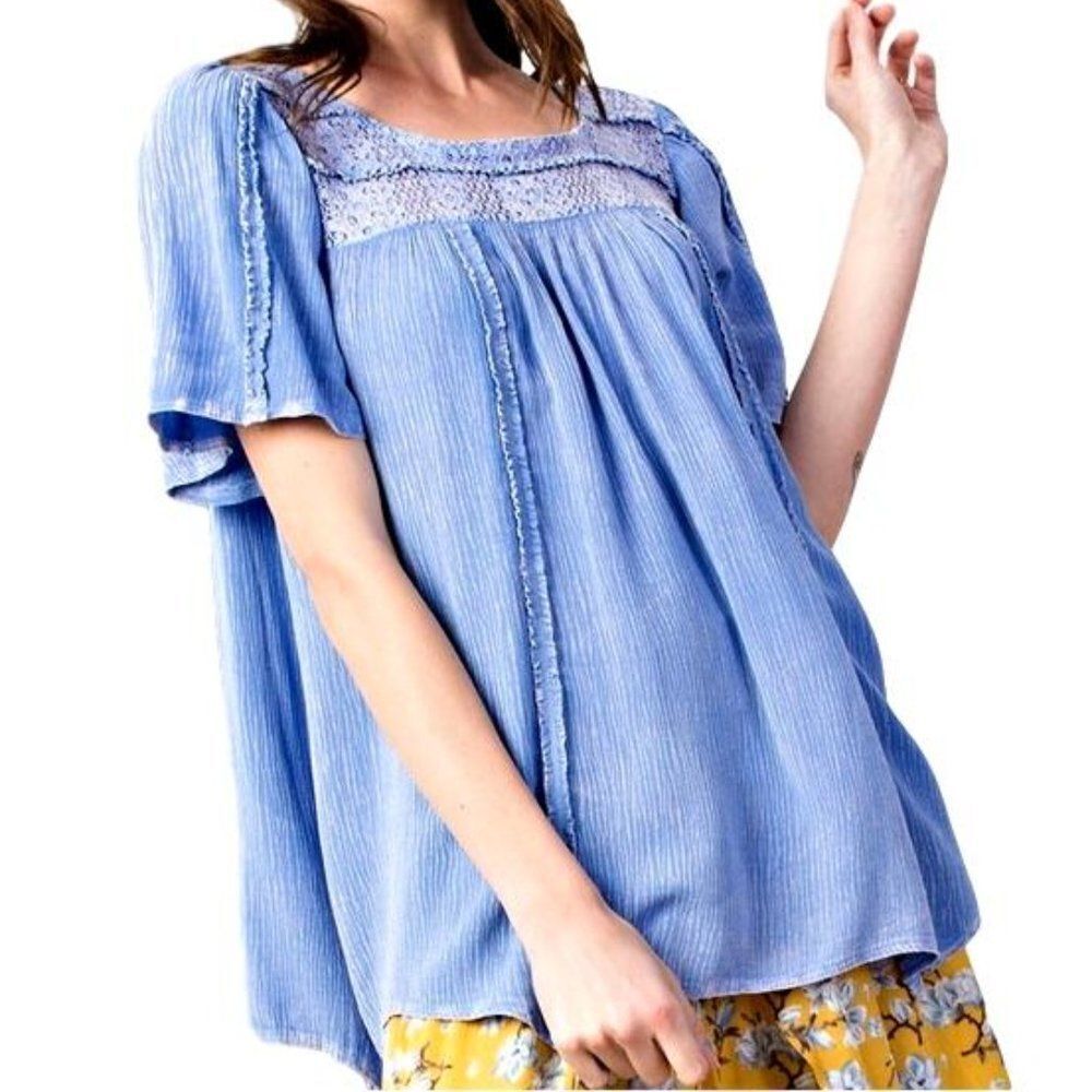 Boho Blue Mineral Washed Lace Trimmed Tunic NEW